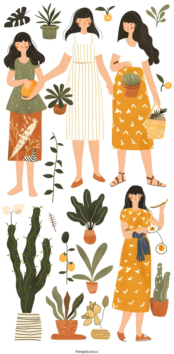 Cute Girls with Plants Illustration