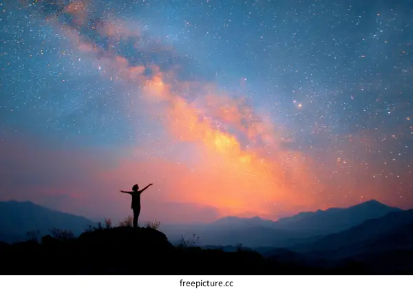 Starry Night Sky with Milky Way and Silhouette Figure