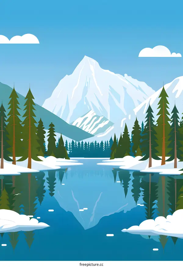 Winter Landscape With Mountain And Lake Reflection