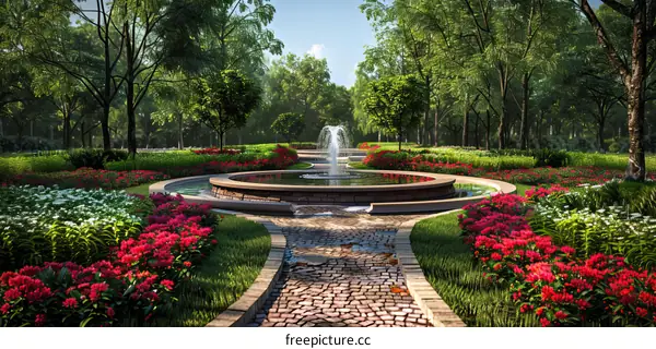 Elegant Park Landscape with Fountain