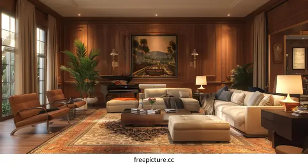 Modern Classic Living Room Interior Design with Wood Paneling