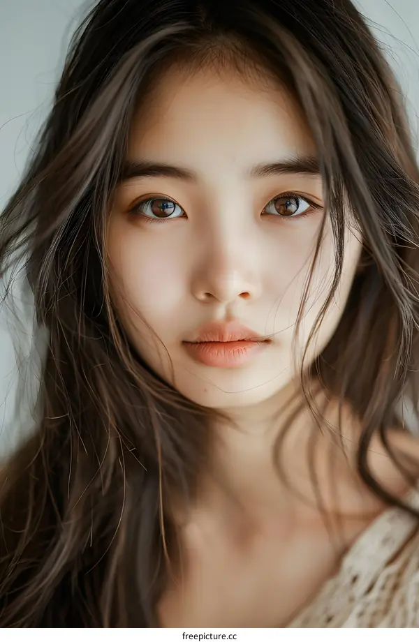 Closeup Portrait of Young Asian Woman With Long Brown Hair