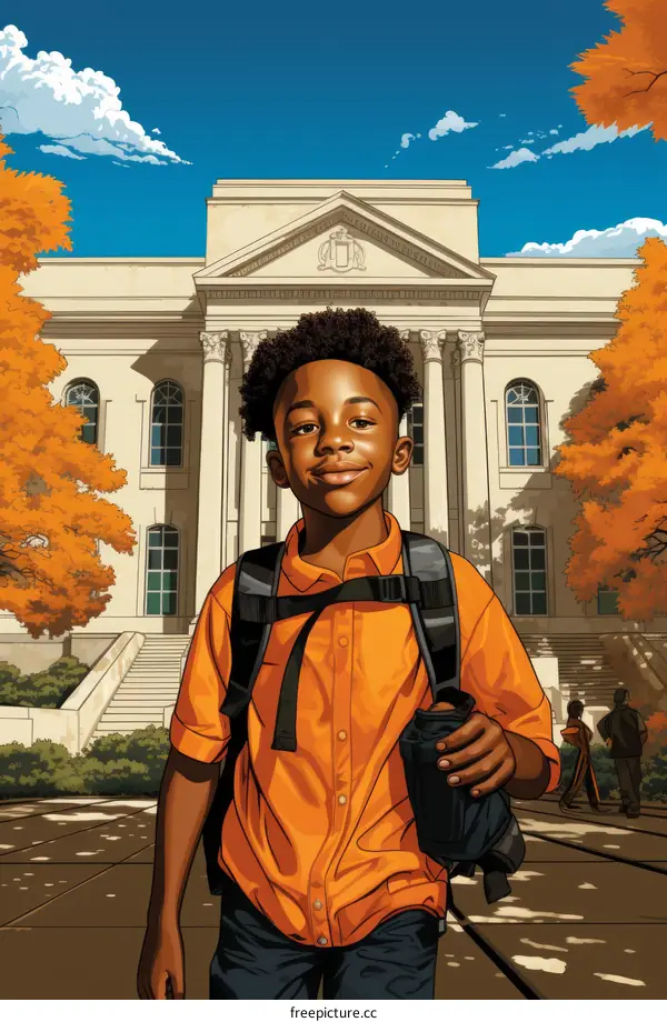 Young African-American boy smiling in front of a school