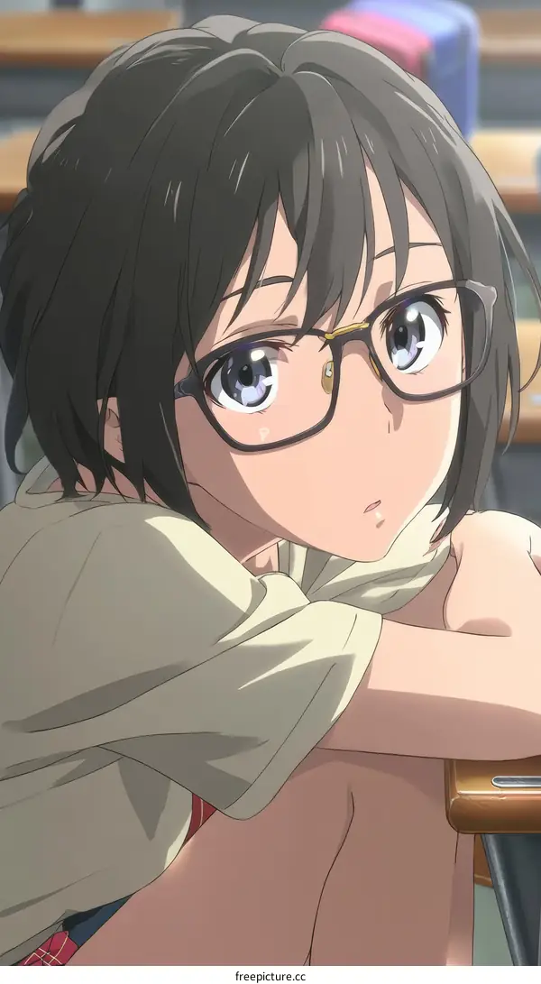Anime Girl with Glasses in Classroom Setting
