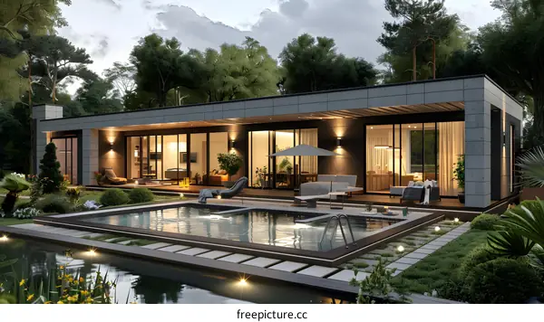 Modern House Exterior Design with Pool and Garden