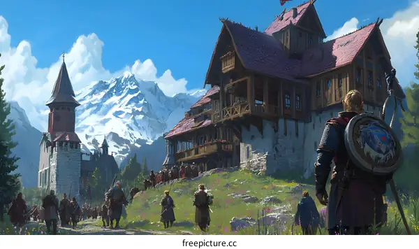 Medieval Fantasy Village Landscape Illustration