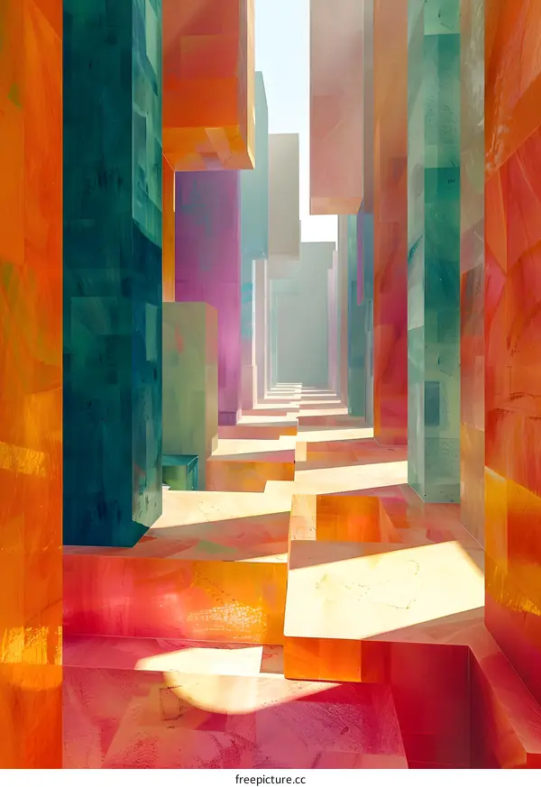 Colorful 3D rendering of a modern city with geometric shapes and vibrant colors