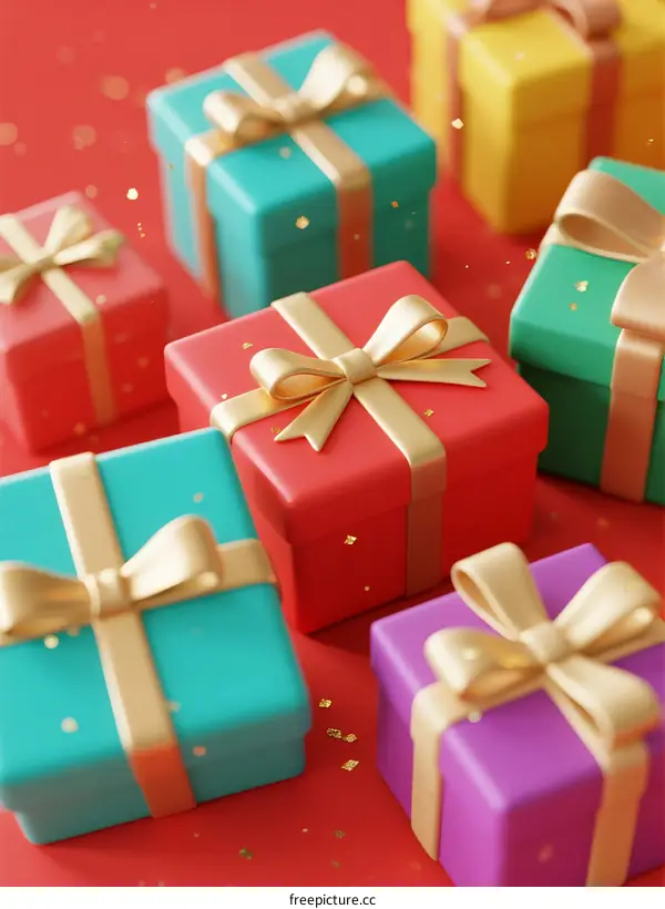 Colorful Gift Boxes with Golden Ribbons on Red Background