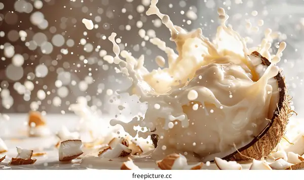Coconut milk splashing out of a coconut with coconut pieces around it