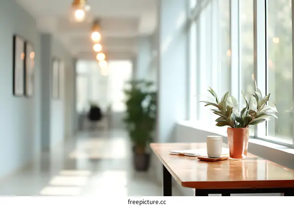 Modern Office Corridor with Natural Light and Plants