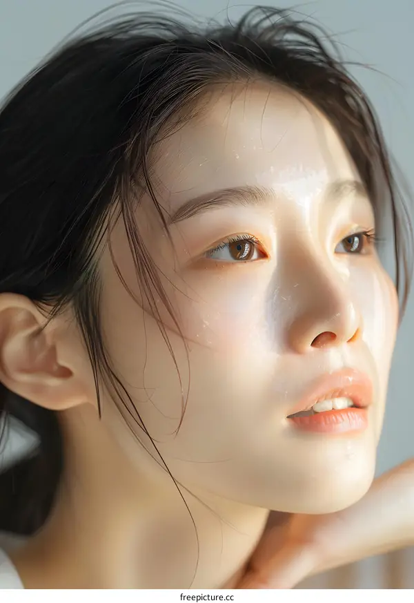 Close Up Portrait Of A Young Asian Woman With White Powder On Her Face