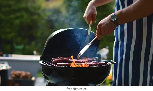 Man Grilling Sausages on a Charcoal Grill