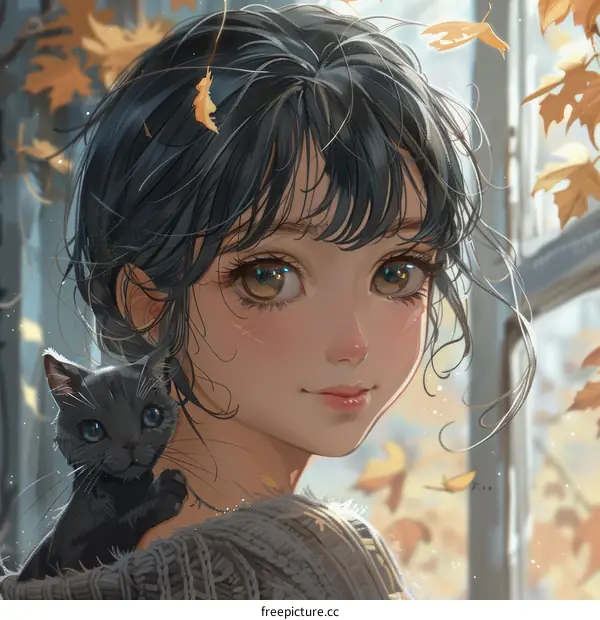 Anime Girl with a Cat on Her Shoulder in Autumn