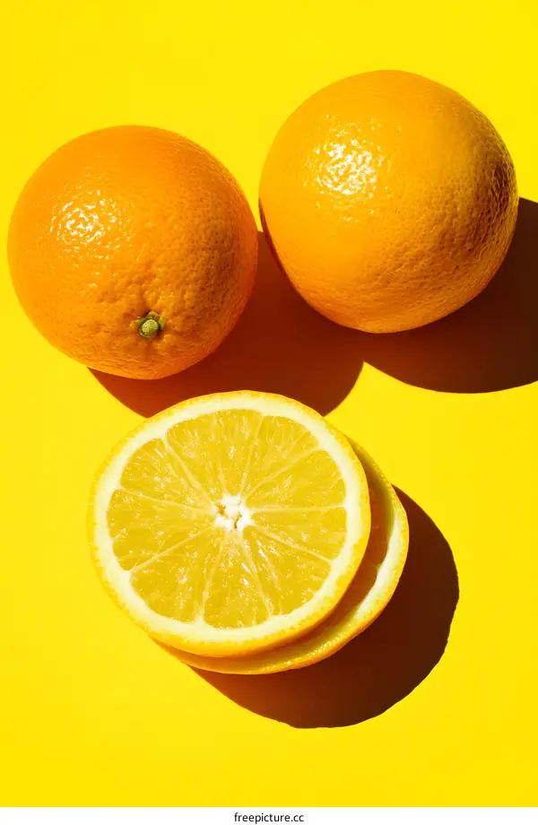 Fresh Oranges on Yellow Background