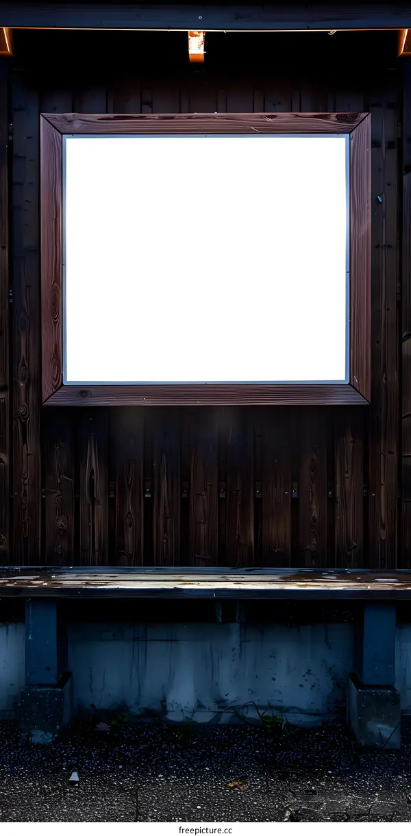 Blank White Sign in Wooden Frame on a Dark Brown Wooden Wall