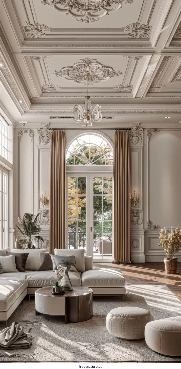 Elegant Living Room with Large Windows and Garden View