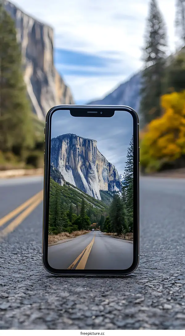 Smartphone Capturing Scenic View of Mountain Road in Yosemite National Park