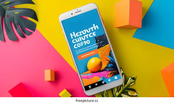 Smartphone on Colorful Background with Monstera Leaf