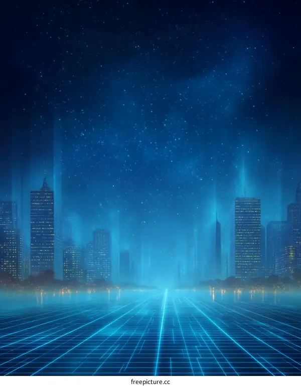 Futuristic Cityscape at Night with Digital Grid