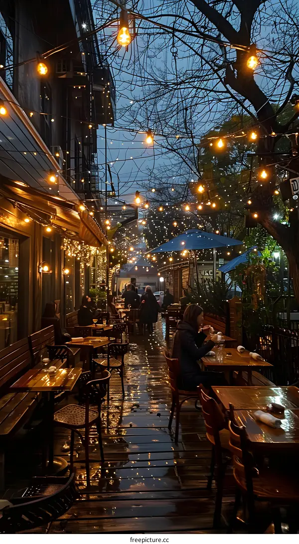 People sitting at tables outside a restaurant with string lights above