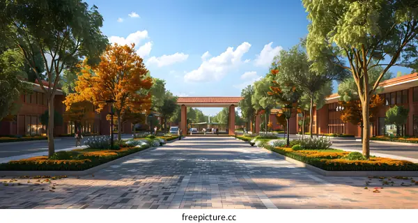 Brick Building Entrance with Fall Foliage and People
