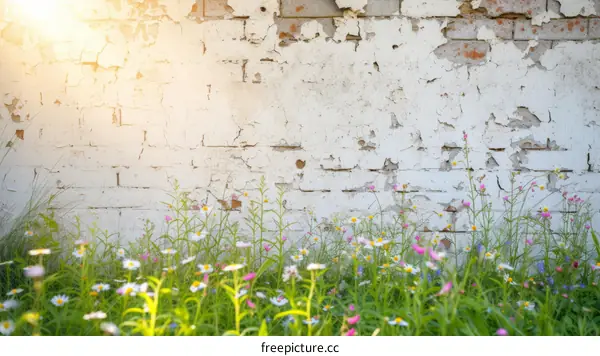 Weathered white concrete wall with blooming flowers in front of it