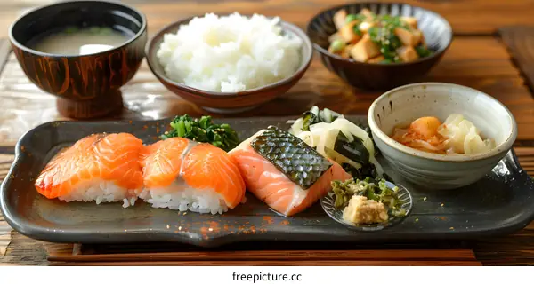 Japanese Cuisine Salmon Set with Rice and Side Dishes