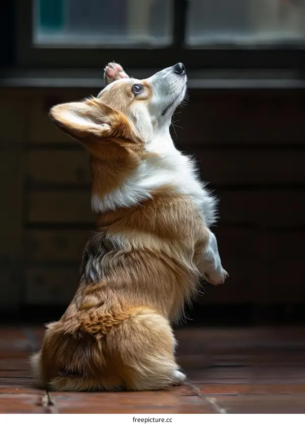 A cute corgi standing on its hind legs and looking up