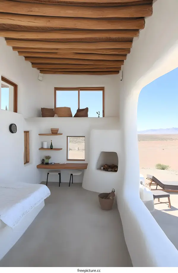 Modern Desert House Interior Design With White Walls and Wooden Beams