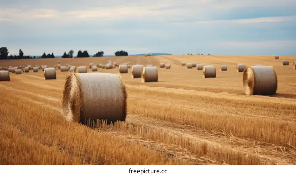Golden Hay Bales in a Field under a Blue Sky