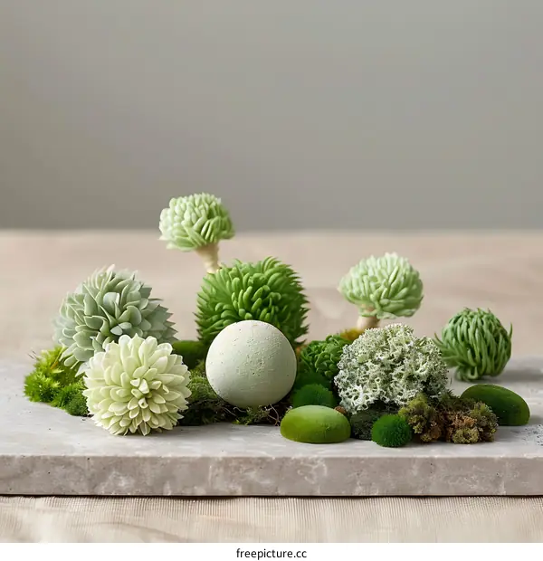 Green Succulents and Moss on a Stone Tray
