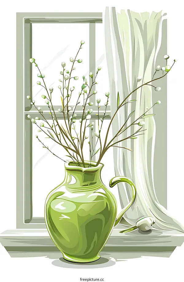 Green Vase with White Flowers on Windowsill
