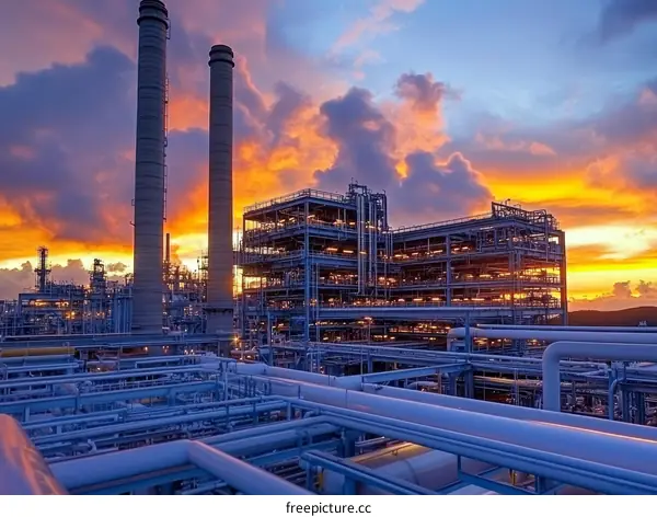 Industrial Oil Refinery at Sunset