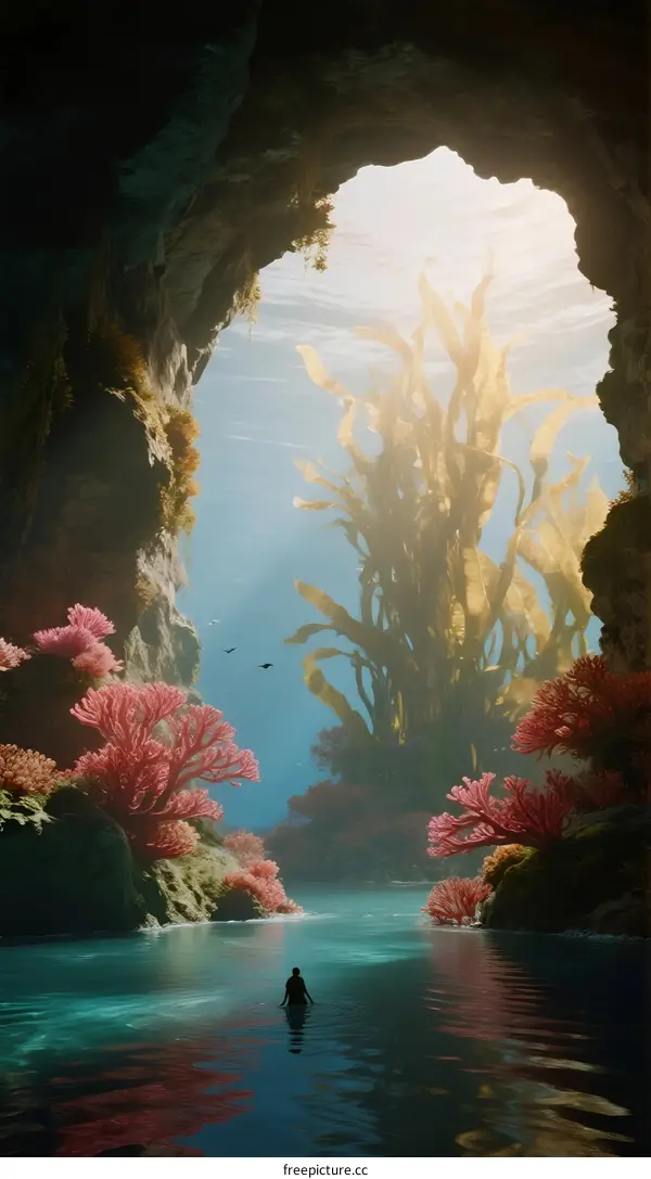 A Serene Underwater Cave with Vibrant Corals and Swimmer