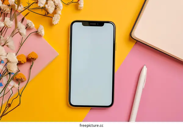 Flat Lay Mockup with Phone, Notebook, Pen and Flowers