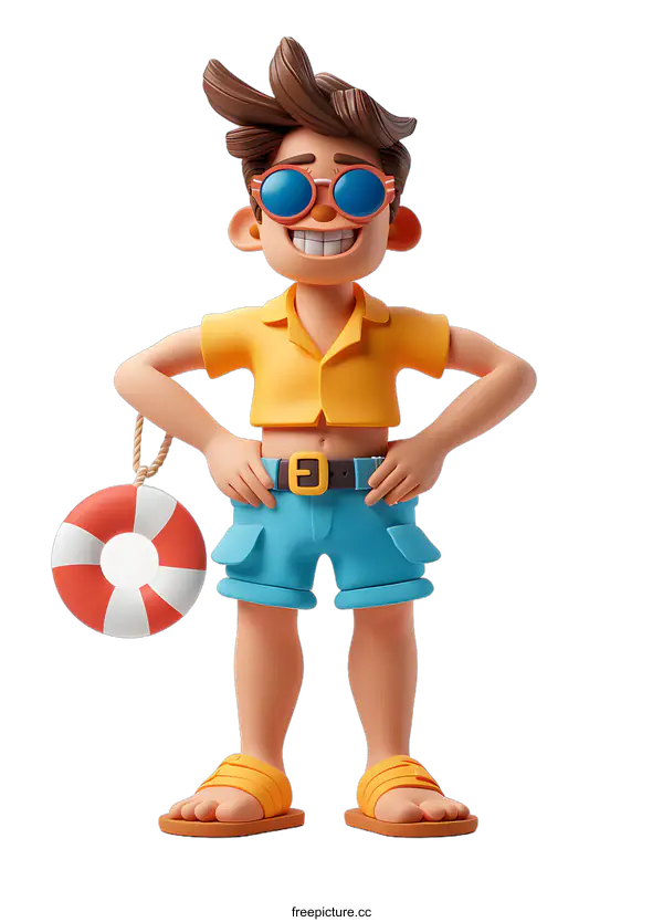 [Transparent Background PNG]3D illustration of a man wearing summer clothes and holding a lifebuoy