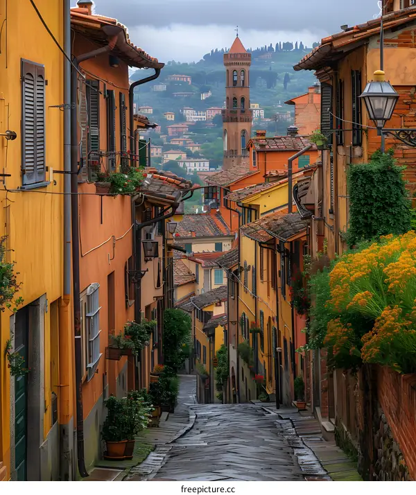 A steep and narrow street in an Italian hill town