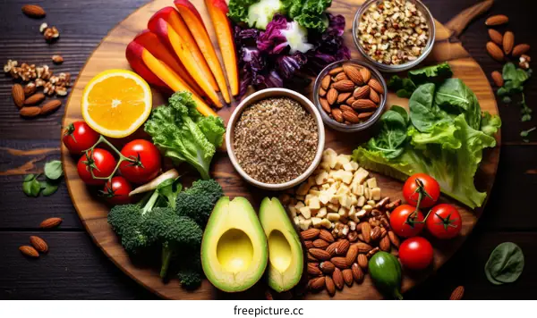 A variety of healthy food on a wooden table