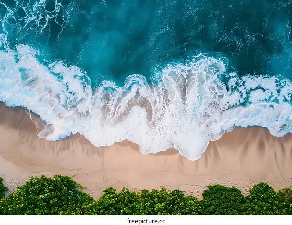Aerial View of a Beach with Waves Crashing on Shore