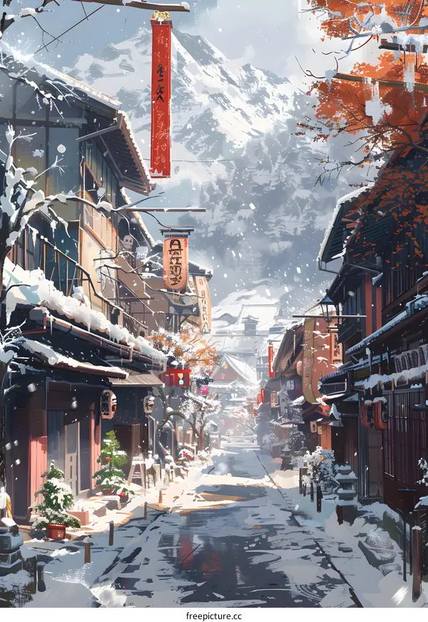 Snowy Street in a Japanese Village