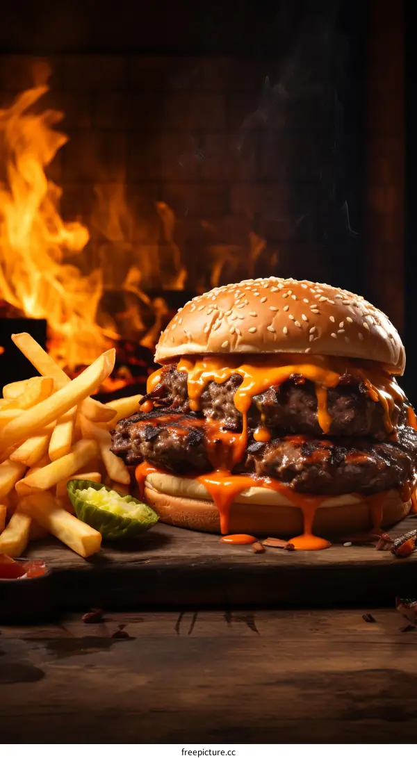 Homemade double cheeseburger with fries