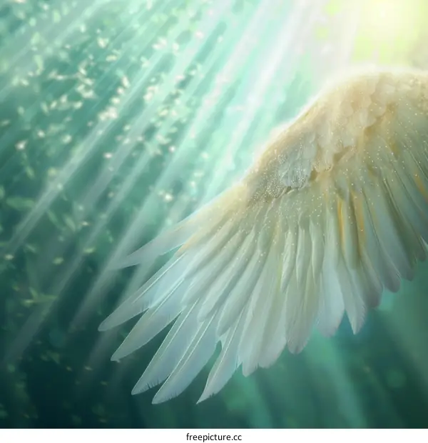 An illustration of a white angel wing with a green background
