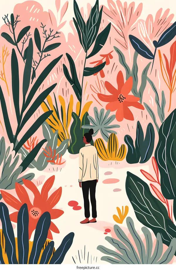 Woman Standing in a Colorful Garden of Flowers and Leaves