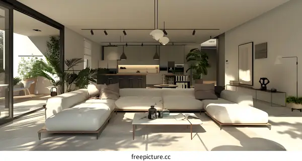 Modern Minimalist Living Room Interior Design With White Sofa And Open Kitchen