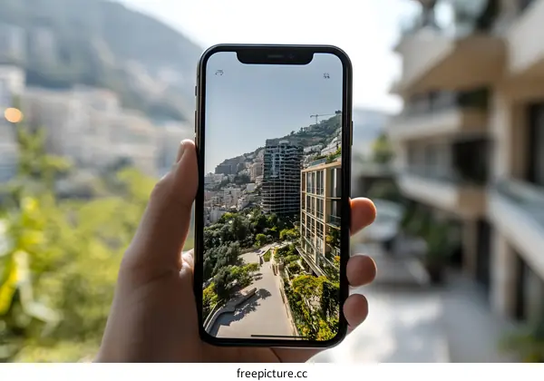 Hand Holding Smartphone Taking Picture Of Modern Building