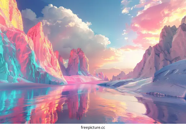 Fantasy landscape with pink mountains and blue water at sunrise