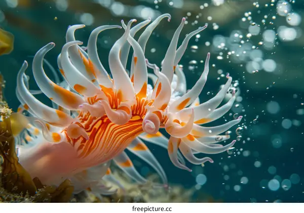 Underwater anemone with orange and white tentacles
