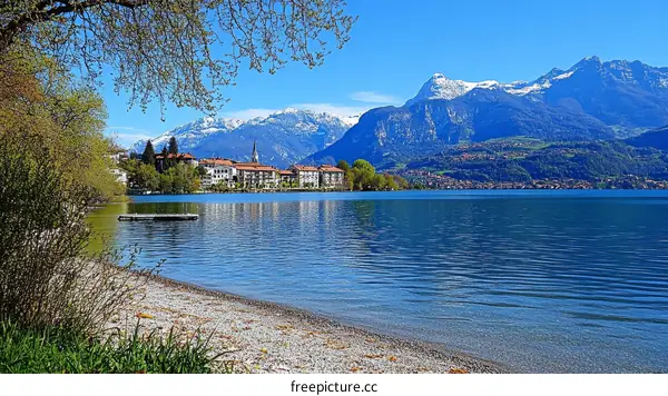 Beautiful Lakeside Town with Mountains