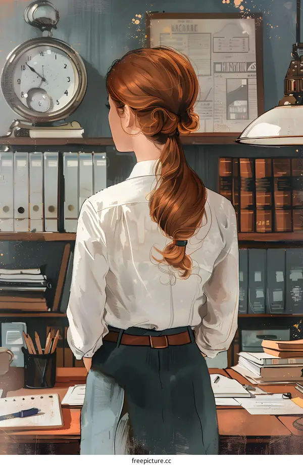 girl standing in front of a desk looking at a clock