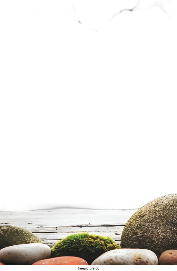 [Transparent Background PNG]Stones and Moss on Wooden Surface with Blurred Background